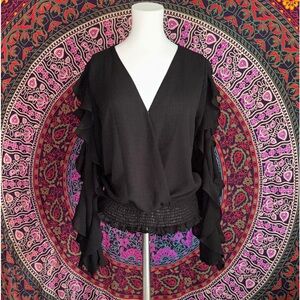 Favlux Black Flutter Long Sleeve V Neck Sheer Dress Top Women’s Size Small